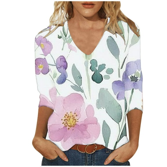 Ruimatai Women's V-Neck 3/4 Sleeve Blouse Casual Printed Polyester Shirt St. Patrick's Day Fashion Top Lightweight Comfortable Party Work Wear