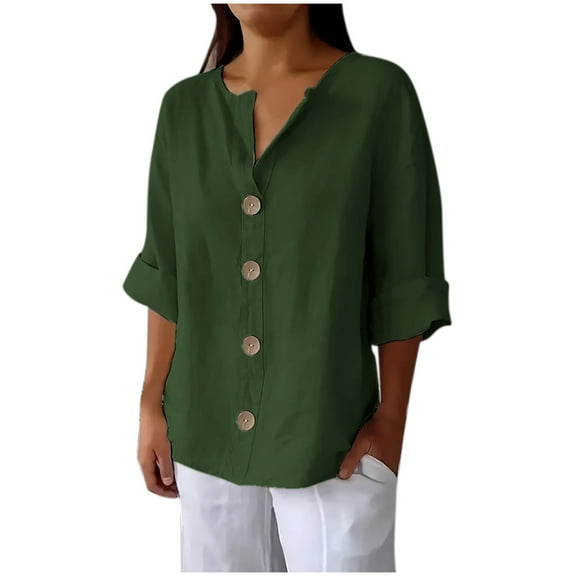 Ruimatai Women's V-Neck 3/4 Sleeve Button Up Shirt Loose Fit Cotton Linen Blend Top Comfortable Casual Blouse Solid Color Tunic
