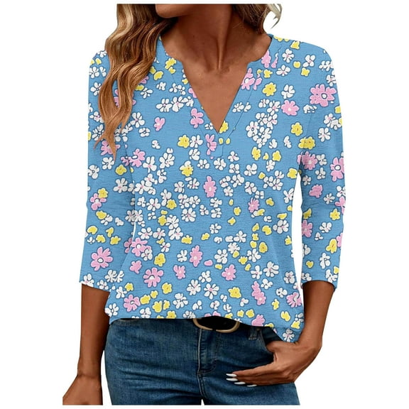 Ruimatai Women's V-Neck 3/4 Sleeve T-Shirt Casual Comfortable Printed Blouse Tops Fashion Stylish Loose Fit Soft Breathable for Spring Summer