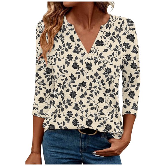 Ruimatai Women's V-Neck 3/4 Sleeve T-Shirt Casual Comfortable Printed Blouse Tops Fashion Stylish Loose Fit Soft Breathable for Spring Summer