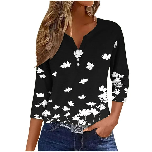 Ruimatai Women's V-Neck 3/4 Sleeve T-Shirt Casual Loose Fit Printed Top Comfortable Stretchy Polyester Blouse for Daily Wear Party