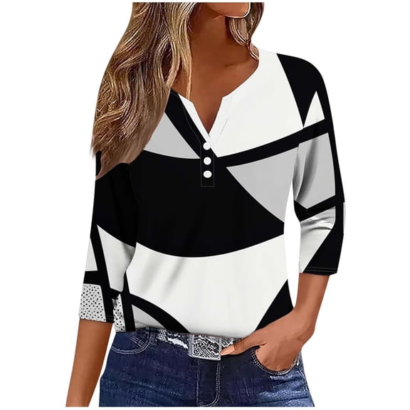Ruimatai Women's V-Neck 3/4 Sleeve T-Shirt Casual Loose Fit Printed Top Comfortable Stretchy Polyester Blouse for Daily Wear Party