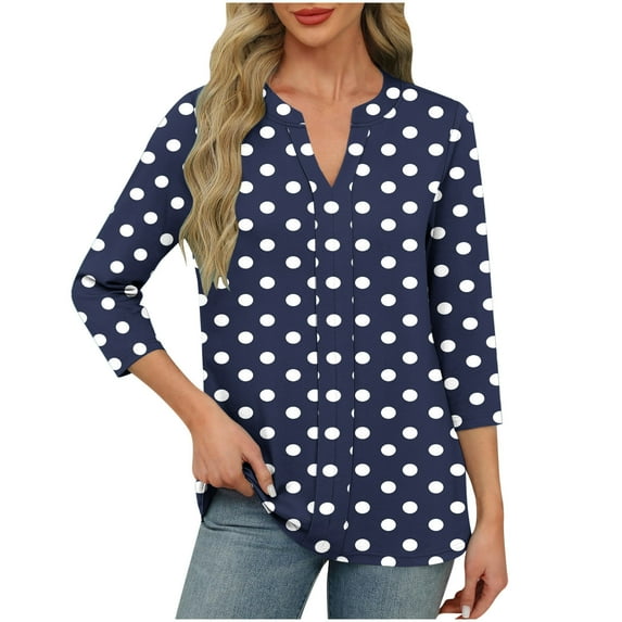 Ruimatai Women's V-Neck 3/4 Sleeve T-Shirt Casual Polka Dot Blouse Soft Comfortable Stretch Round Neck Tops for Spring Winter