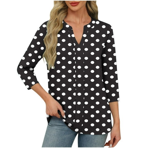 Ruimatai Women's V-Neck 3/4 Sleeve T-Shirt Casual Polka Dot Blouse Soft Comfortable Stretch Round Neck Tops for Spring Winter