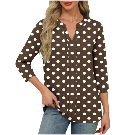 Ruimatai Women's V-Neck 3/4 Sleeve T-Shirt Soft Comfortable Casual Blouse Polka Dot & Solid Color Basic Tee Stretch Fit Fashion Top