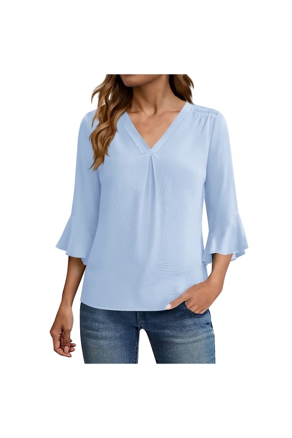 Women's V-Neck Chiffon Blouse with Ruffle Sleeves, Elegant Three-Quarter Sleeve Casual Top for Daily Wear and Outings