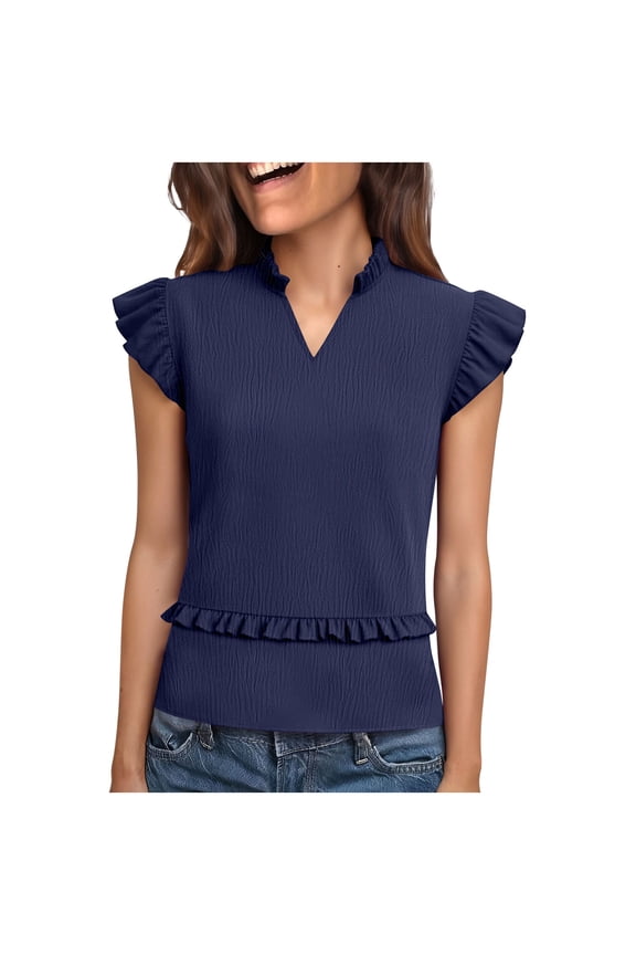 Women's V-Neck Crinkle Ruffle Tunic Top, Elegant Sleeveless Blouse with Layered Hem for Casual Comfort