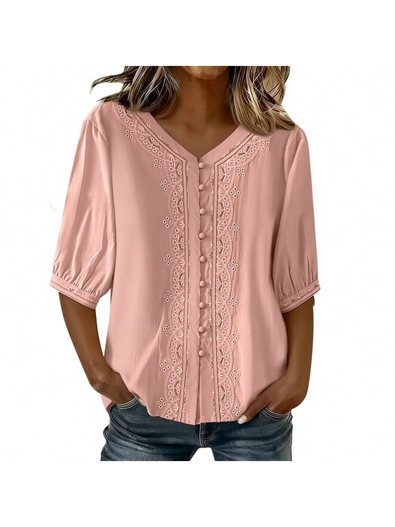 Women's V Neck Embroidered Half Button Three Quarter Sleeve Casual Tops for Women Daily Wear