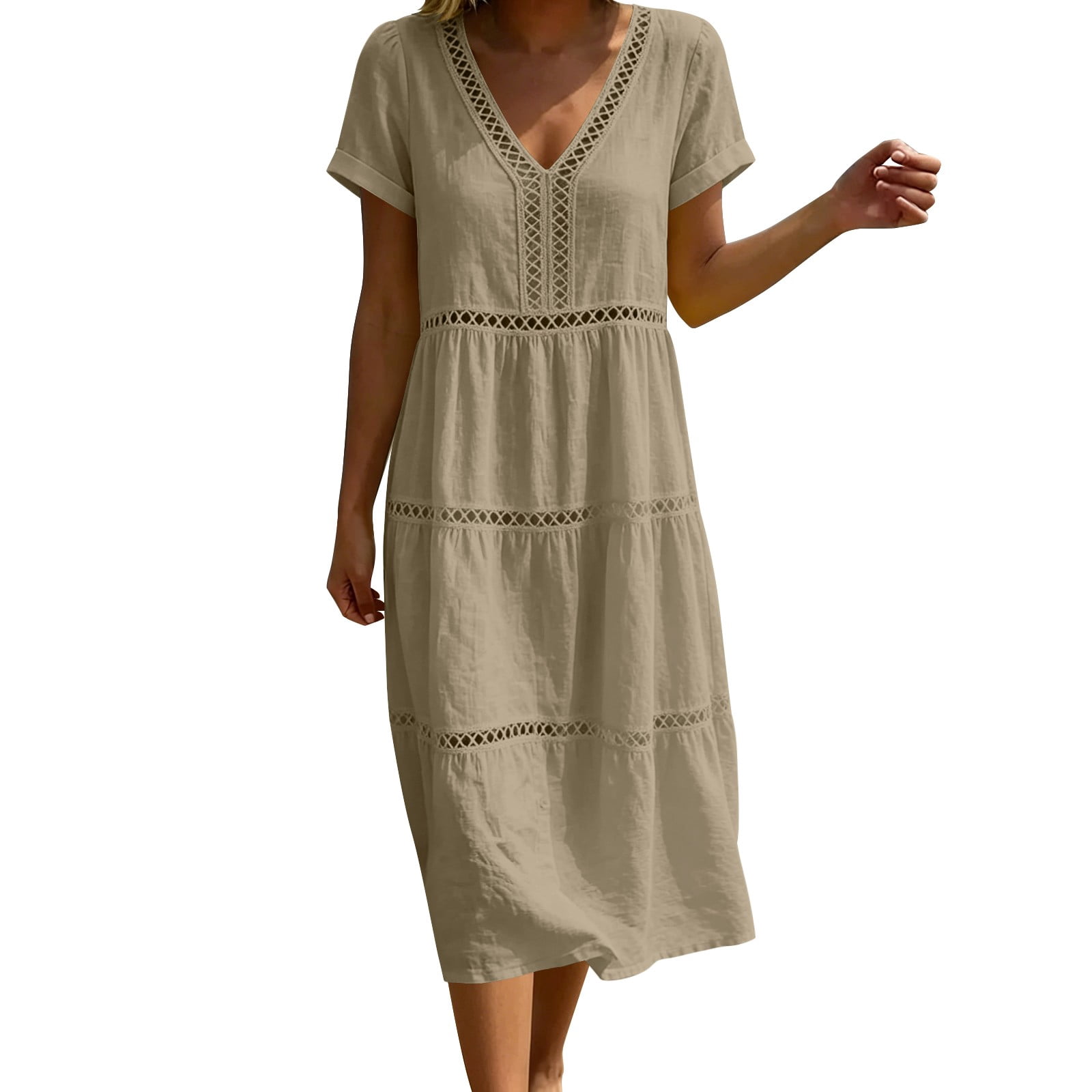 Ruimatai Women's V-Neck Eyelet Trim Short Sleeve Tiered Loose Fit ...