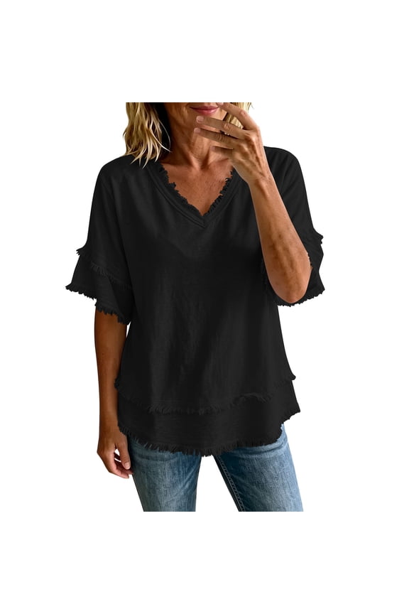 Women's V-Neck Fringe Trim Tiered Half Sleeve Boho Loose Fit Casual Tops for Women Summer Wear