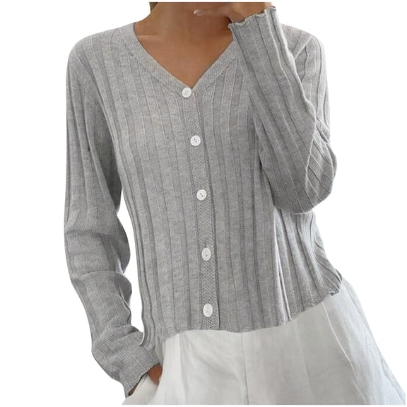 Ruimatai Women's V-Neck Knitted Cardigan Soft Lightweight Long Sleeve Fall Tops Casual Solid Color Blouse Button Up Sweater
