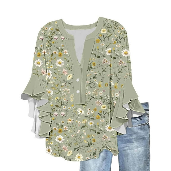Ruimatai Women's V-Neck Lace Sleeve Blouse Casual Loose Fit Printed Shirt 3/4 Sleeve Button Down Top for Spring Summer Daily Wear Party Workout