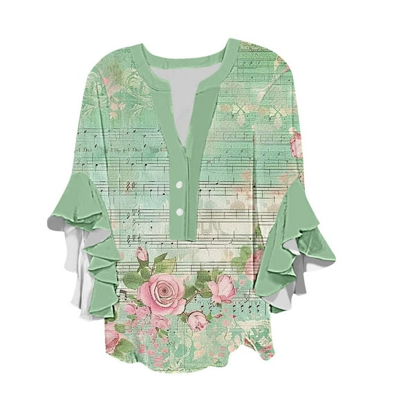 Ruimatai Women's V-Neck Lace Sleeve Blouse Casual Loose Fit Printed Shirt 3/4 Sleeve Button Down Top for Spring Summer Daily Wear Party Workout