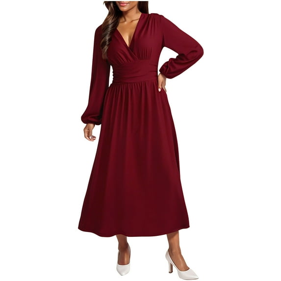 Ruimatai Women's V-Neck Lantern Sleeve Dress High Slit Long Skirt Stretchy Comfortable Casual Flowy Elegant Plus Size S-XXL