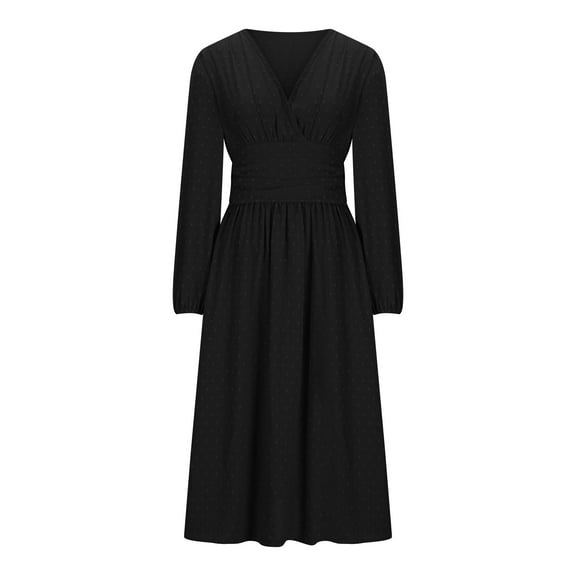 Ruimatai Women's V-Neck Lantern Sleeve Dress Solid Color Pleated Long Skirt Stretchy Comfortable Casual Elegant Tunic Top