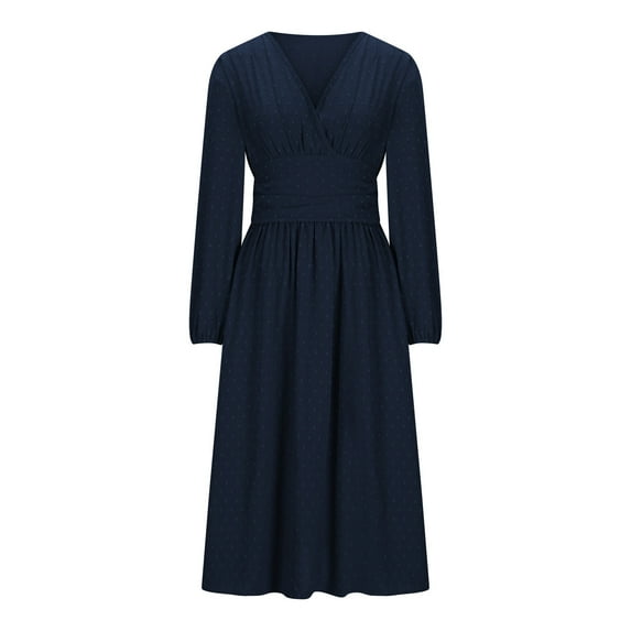 Ruimatai Women's V-Neck Lantern Sleeve Dress Solid Color Pleated Long Skirt Stretchy Comfortable Casual Elegant Tunic Top