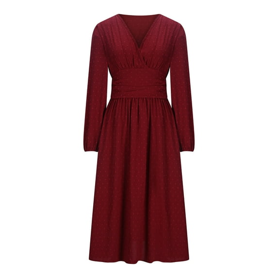 Ruimatai Women's V-Neck Lantern Sleeve Dress Solid Color Pleated Long Skirt Stretchy Comfortable Casual Elegant Tunic Top