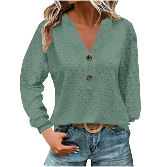 Ruimatai Women's V-Neck Long Sleeve T-Shirt Soft Breathable Casual Loose Fit Solid Color Top Comfortable Everyday Wear S-XXL