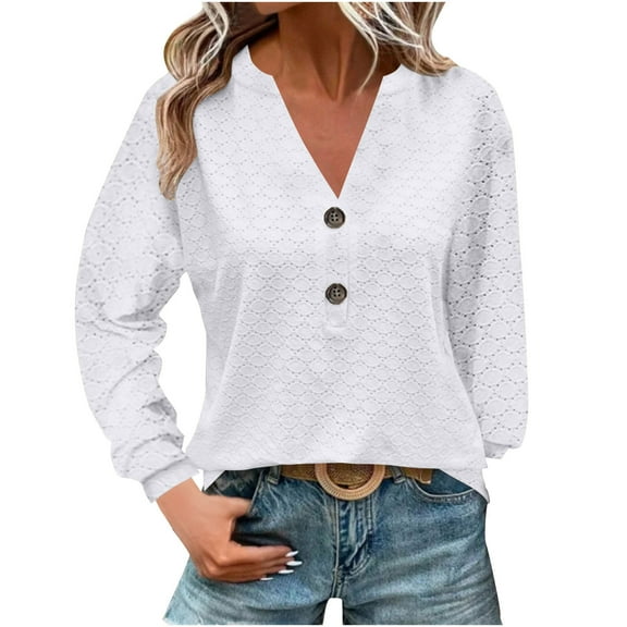Ruimatai Women's V-Neck Long Sleeve T-Shirt Soft Breathable Casual Loose Fit Solid Color Top Comfortable Everyday Wear S-XXL