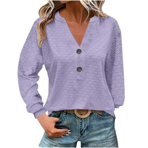 Ruimatai Women's V-Neck Long Sleeve T-Shirt Soft Breathable Casual Loose Fit Solid Color Top Comfortable Everyday Wear S-XXL