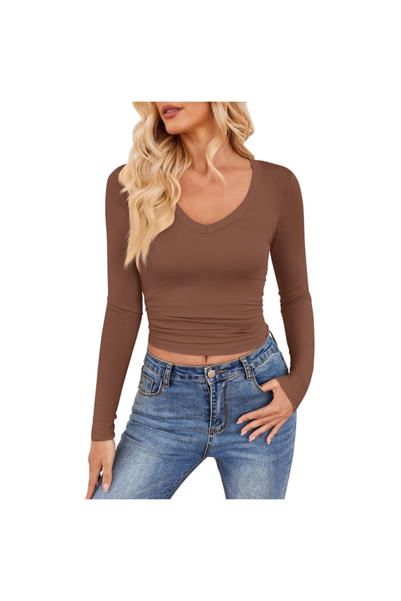 Women's V-Neck Long Sleeve T-Shirt Soft Milk Silk Blouse Casual Comfortable Solid Color Top Winter Warm Base Layer Shirt