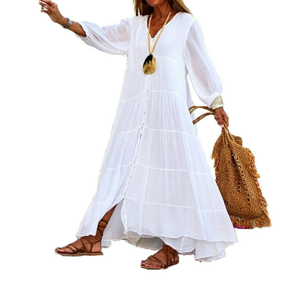 Ruimatai Women's V-Neck Maxi Dress Long Sleeve Tiered Button Front Loose Linen Boho Casual Flowy Beach Dress