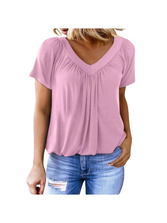 Women's V-Neck Pleated Puff Sleeve Bubble Hem Loose Fit Casual Blouses for Women Summer Everyday Wear