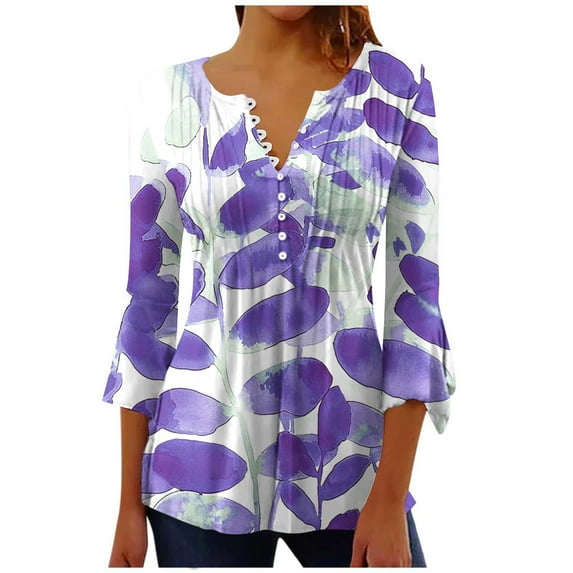 Ruimatai Women's V-Neck Printed Blouse 3/4 Sleeve Casual T-Shirt Flare Sleeve Fashion Top Comfortable Lightweight Home Daily Wear