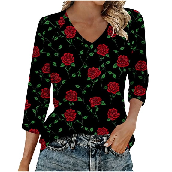 Ruimatai Women's V-Neck Raglan Sleeve Casual Printed Top with 3/4 Sleeve Stylish Pullover Blouse for Daily Wear and Fashion Outfits