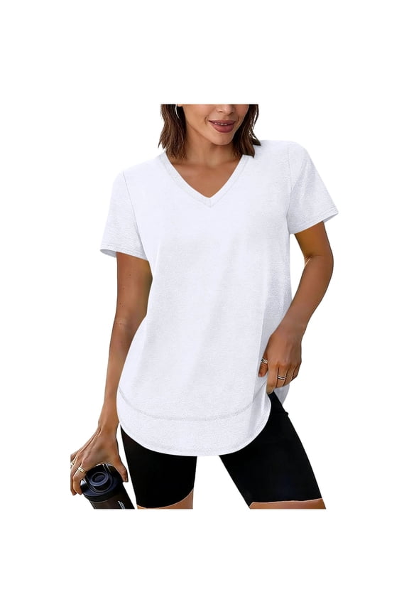Women's V Neck Short Sleeve Athletic Top Loose Fit Tunic Tee for Gym Yoga & Daily Casual Wear