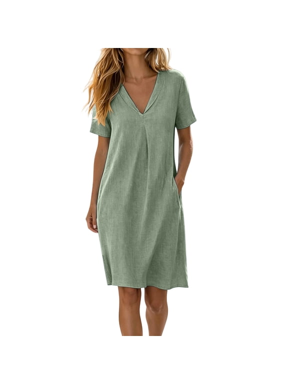 Women's V-Neck Short Sleeve Loose Fit Casual Shift Midi Dresses with Pockets for Women Everyday & Vacation Wear