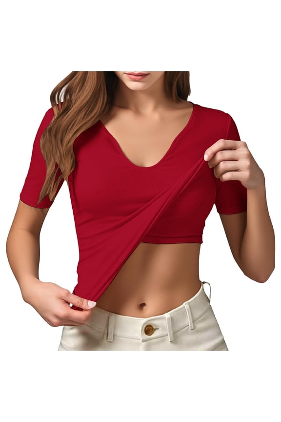 Women's V-Neck Short Sleeve Top Built-In Bra Slim Fit Casual Shirt Blouse for Spring Summer