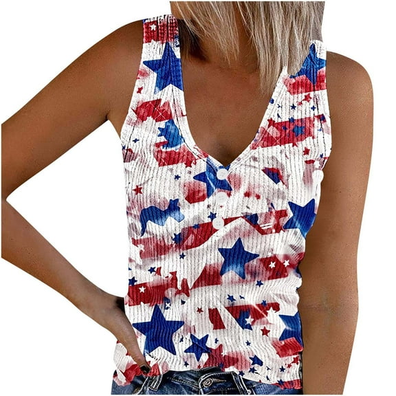 Ruimatai Women's V-Neck Sleeveless Button Up Tshirt Summer Casual Printed Blouse Lightweight Breathable Comfortable Tops