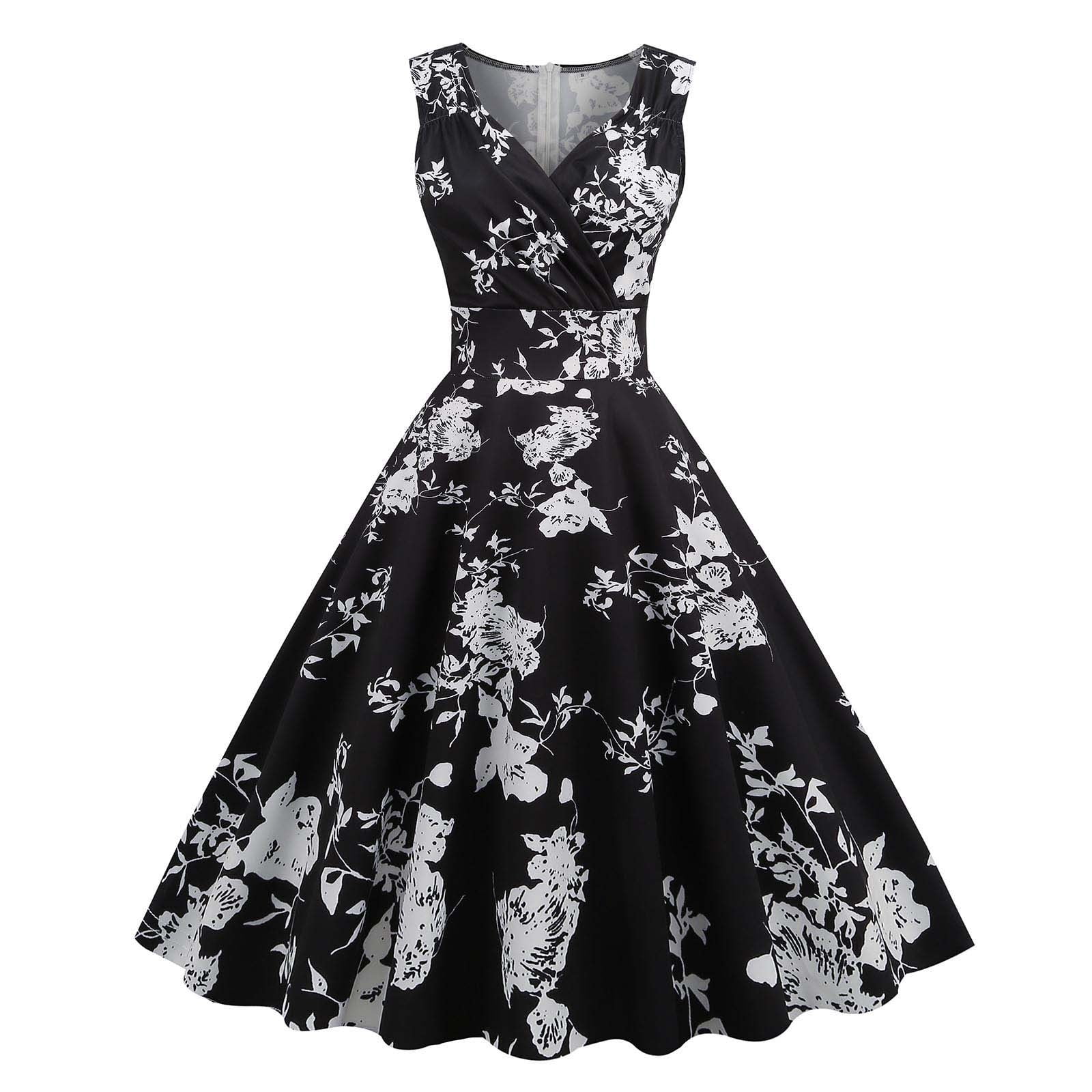 Ruimatai Women's V-Neck Sleeveless Vintage Dress Summer Floral Print Cocktail Party Dress Stretchy Comfortable Casual Elegant Outfit, Size: Large,