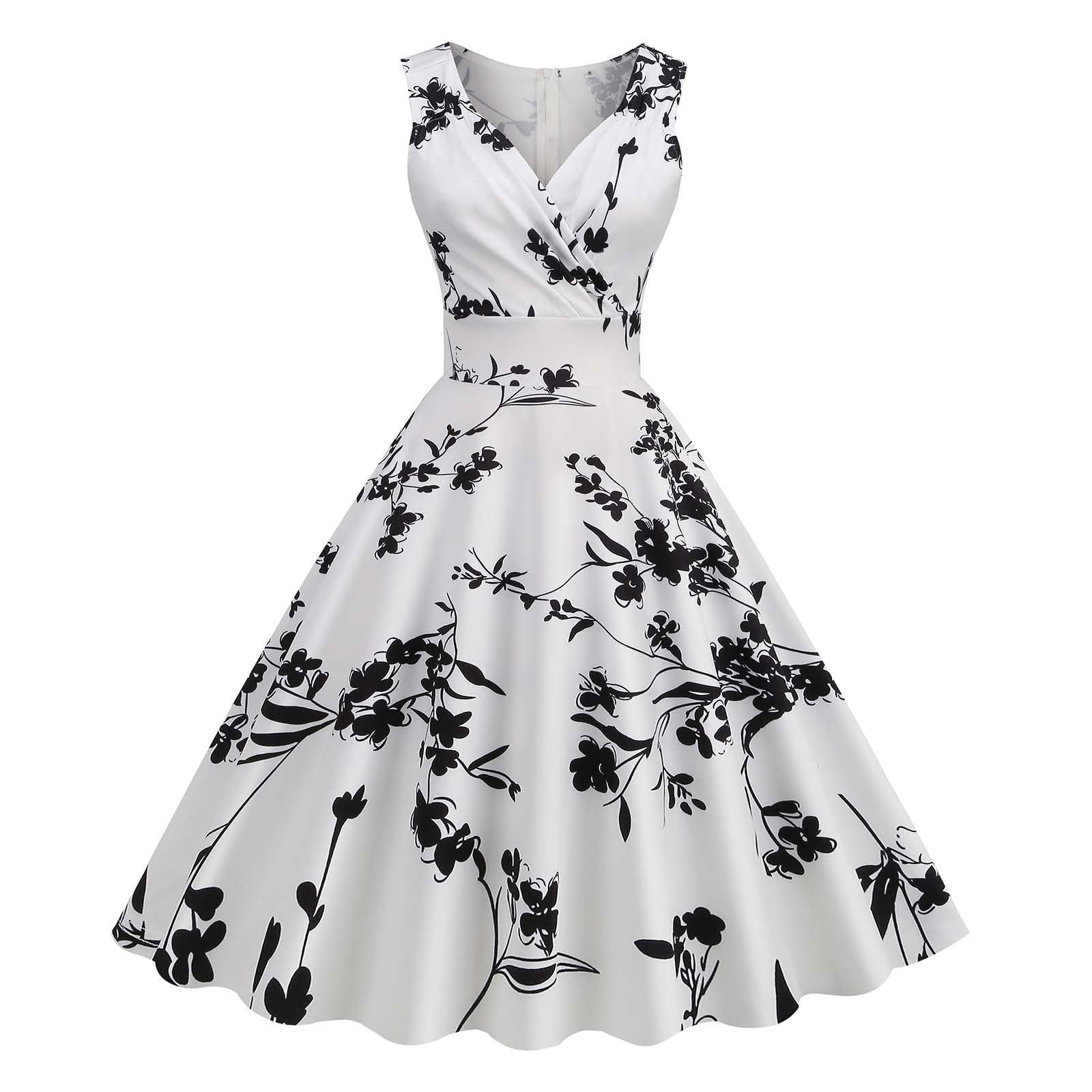 Ruimatai Women's V-Neck Sleeveless Vintage Dress Summer Floral Print Cocktail Party Dress Stretchy Comfortable Casual Elegant Outfit, Size: Large,