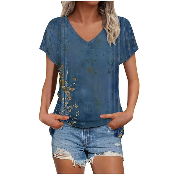 Ruimatai Women's V-Neck T-Shirt Casual Short Sleeve Blouse Loose Fit Comfortable Printed Top Summer Fashion Tee