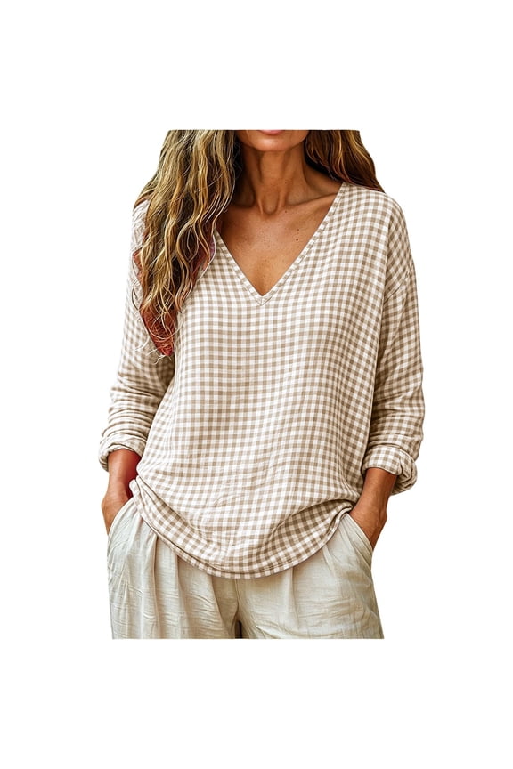 Women's V Neck Tees Gingham Plaid Long Sleeve Loose Curved Hem Pullover Tops for Spring Summer Vacation Daily Casual Loungewear Outfits
