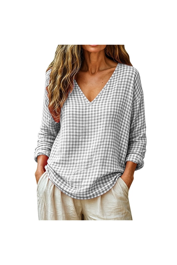 Women's V Neck Tees Gingham Plaid Long Sleeve Loose Curved Hem Pullover Tops for Spring Summer Vacation Daily Casual Loungewear Outfits