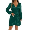 thumbnail image 1 of Ruimatai Women's V-Neck Tie-Waist Ruffled Hem Long Sleeve Dress, Summer Casual Solid Color Wrap Dress, Elegant Puffed Sleeve Party Dress for Cocktail Date Night, 1 of 7