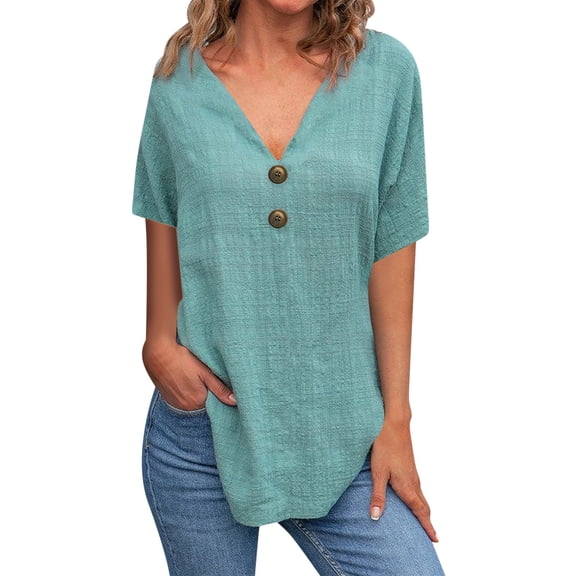 Ruimatai Women's V-Neck Tops Casual Loose Short Sleeve Blouse with Lapel Buckle Comfortable Everyday Shirt for Office and Party Wear