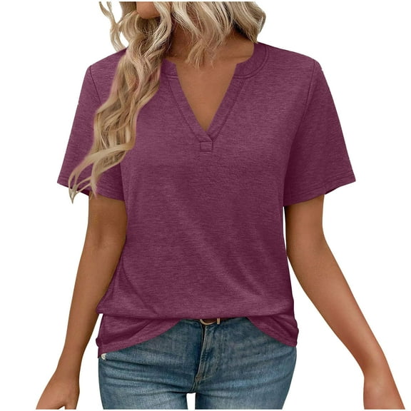 Ruimatai Women's V-Neck Tops Slim Fit Summer Casual Shirts with Short Sleeves, Comfortable and Flattering Solid Color Blouse for Daily Wear