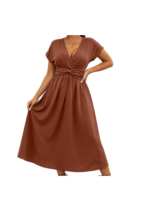 Women's V-Neck Twist Waist Short Sleeve A-Line Casual Midi Dresses for Women Work Office & Party Wear