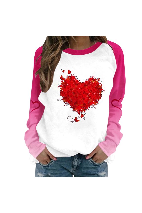Women's Valentine's Day Heart Print Long Sleeve Blouse, Casual Loose Fit Comfortable Tops, All Season Soft Polyester Shirt