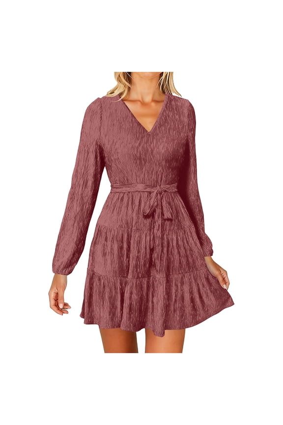 Women's Velvet Dress with Belt V-Neck Long Sleeve Elegant Tunic Stretchy Soft Comfortable Party Wear Casual Office Dress