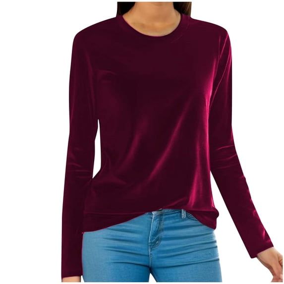 Ruimatai Women's Velvet Long Sleeve Shirts Plus Size Comfortable Soft Tops Women Casual Fashion Solid Crewneck T-Shirt Tunic Tee Blouse