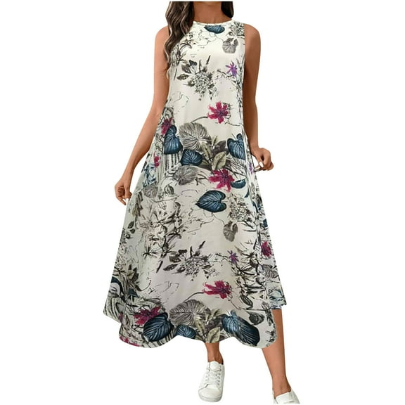 Ruimatai Women's Vintage Floral Print Sleeveless Dress Loose Fit Pocket Summer Casual Beach Party Crew Neck Dress Polyester Comfortable