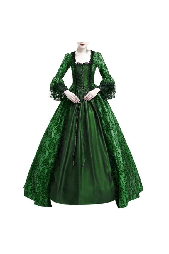Women's Vintage Lace Medieval Dress Elegant Princess Cosplay Floor Length Gown Bell Sleeves Patchwork Party Formal Evening Gown Spring Summer Polyester