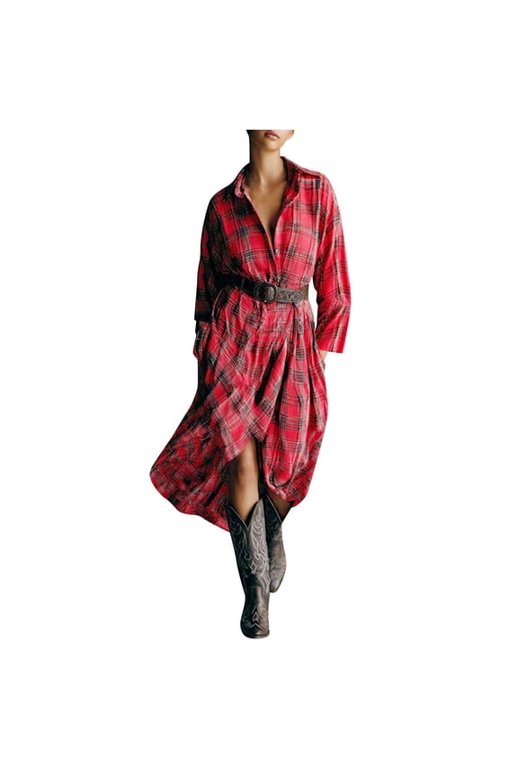 Women's Vintage Plaid Shirt Dress with Belt, Irregular Hem Long Sleeve Button Down Pocket Tunic Top