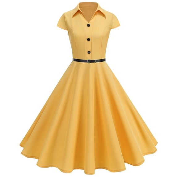 Ruimatai Women's Vintage V-Neck Belted A-Line Dress Short Sleeve Office Casual Dress Polyester Summer Dress for Work Party Dating