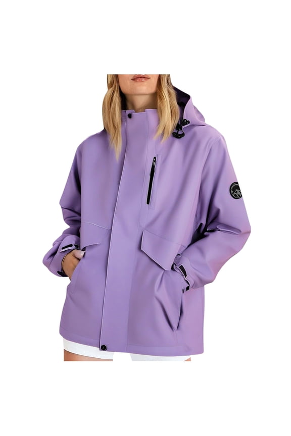 Women's Waterproof Hooded Jacket Outdoor Windbreaker Fleece Lined Zippered Pockets Coat for Hiking Camping